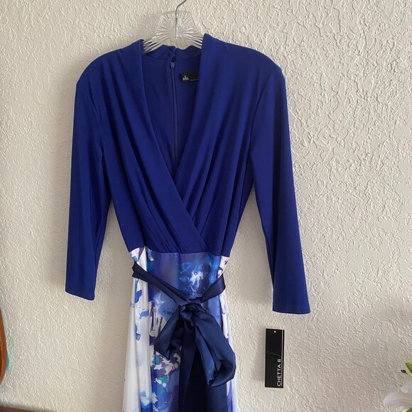 New Chetta B Maxi Dress 6 / 8 Watercolor Floral Navy Blue Winter White Gown NWT - Picture 6 of 13